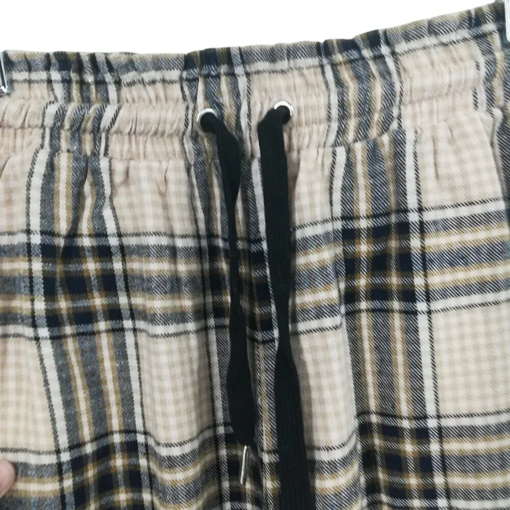 Maniere De Voir Plaid Flannel Wide Leg Pull On Elastic Waist Pants Size 8 Beige